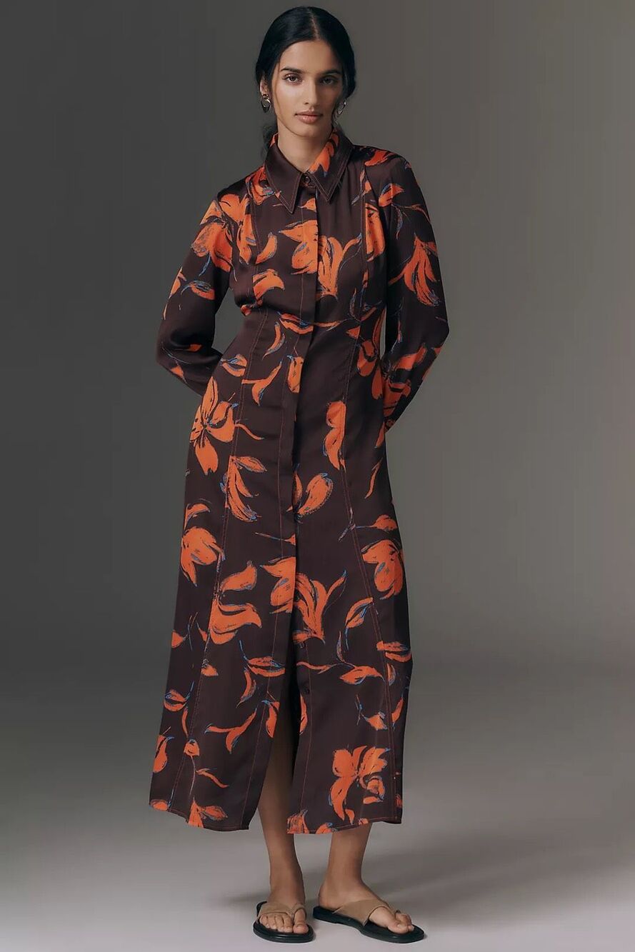 New Anthropologie Exquise Long-Sleeve Satin Shirt Dress Size Xs